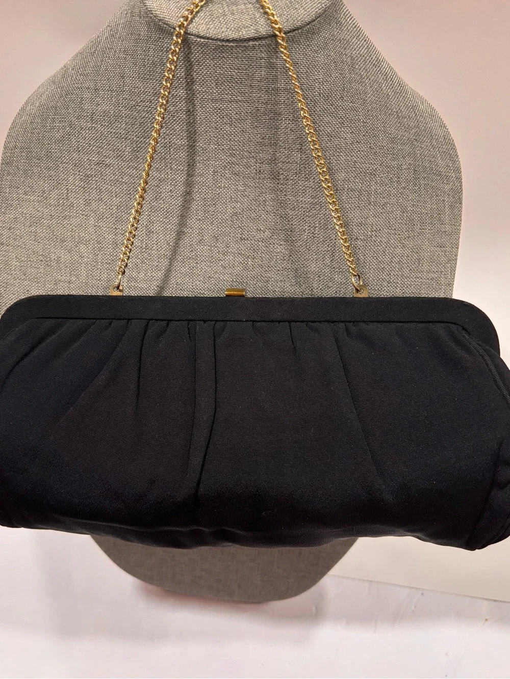 Vintage 1950/60 Faille Black Evening Clutch Gold Foldaway Chain Kiss Lock
